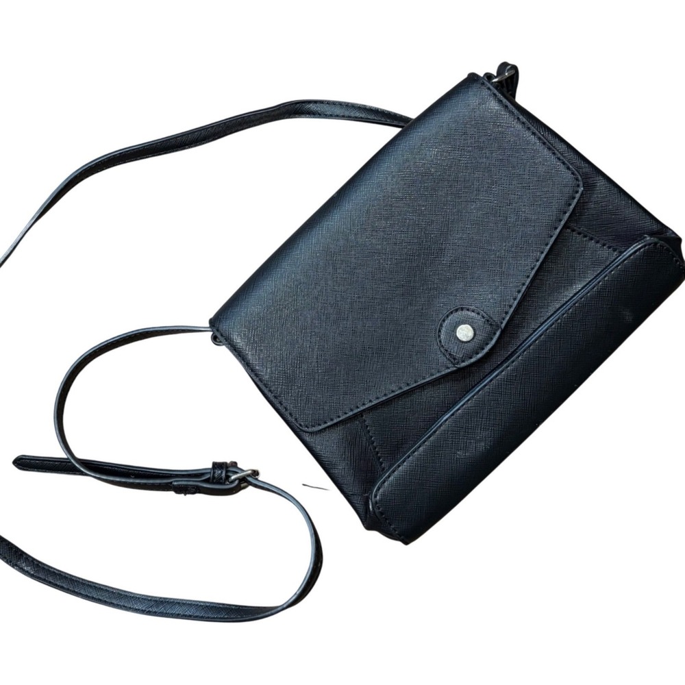 Black Saffiano Faux‎ Leather Crossbody Bag Envelope Flap Pocket